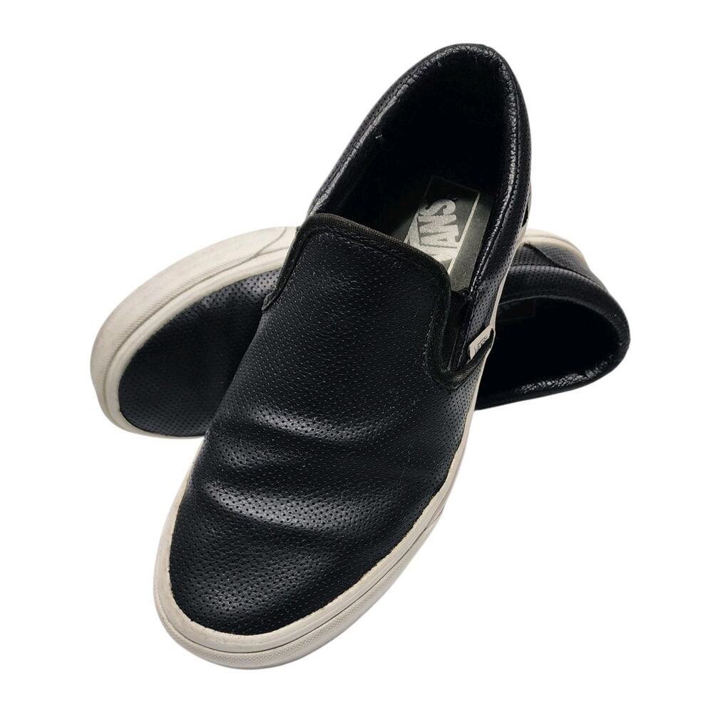 Vans Black Perforated Leather Flat Comfort Slip-On Sneakers Men's 8.5 Women's 10 - Picture 2 of 8